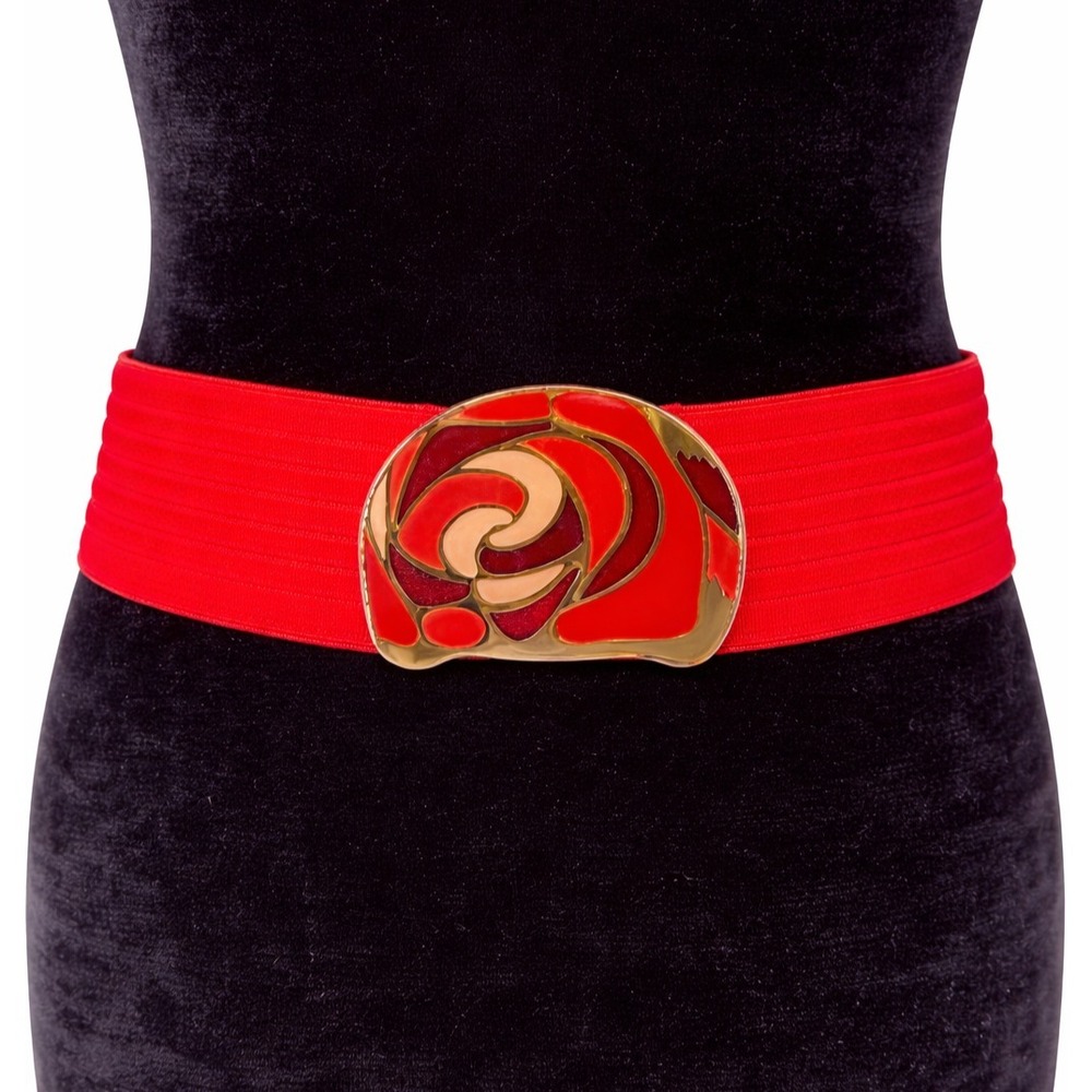 Charmant Beverly Hills Womens Red Rose Metal Buckle Stretch Fabric Belt One Size
